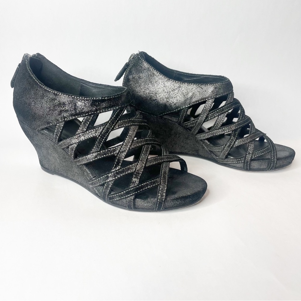 Eileen Fisher Black Metallic Leather Cage Lattice Strappy Wedge Sandals Size 6.5